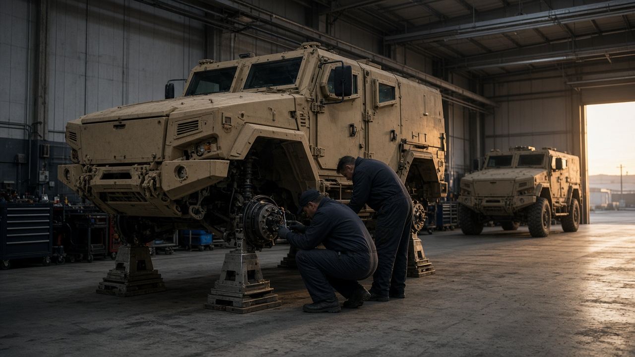 Armoured trucks undergoing maintenance in a workshop at dawn