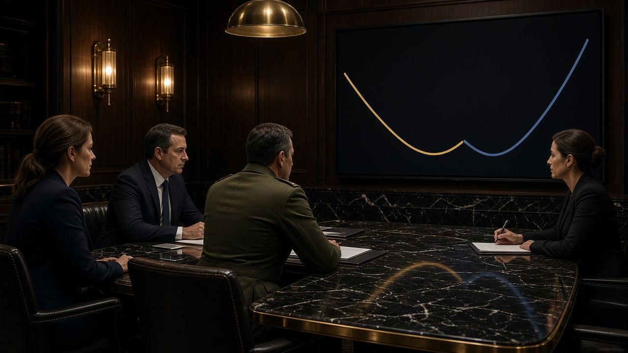Team reviewing lifecycle cost curves in a briefing room
