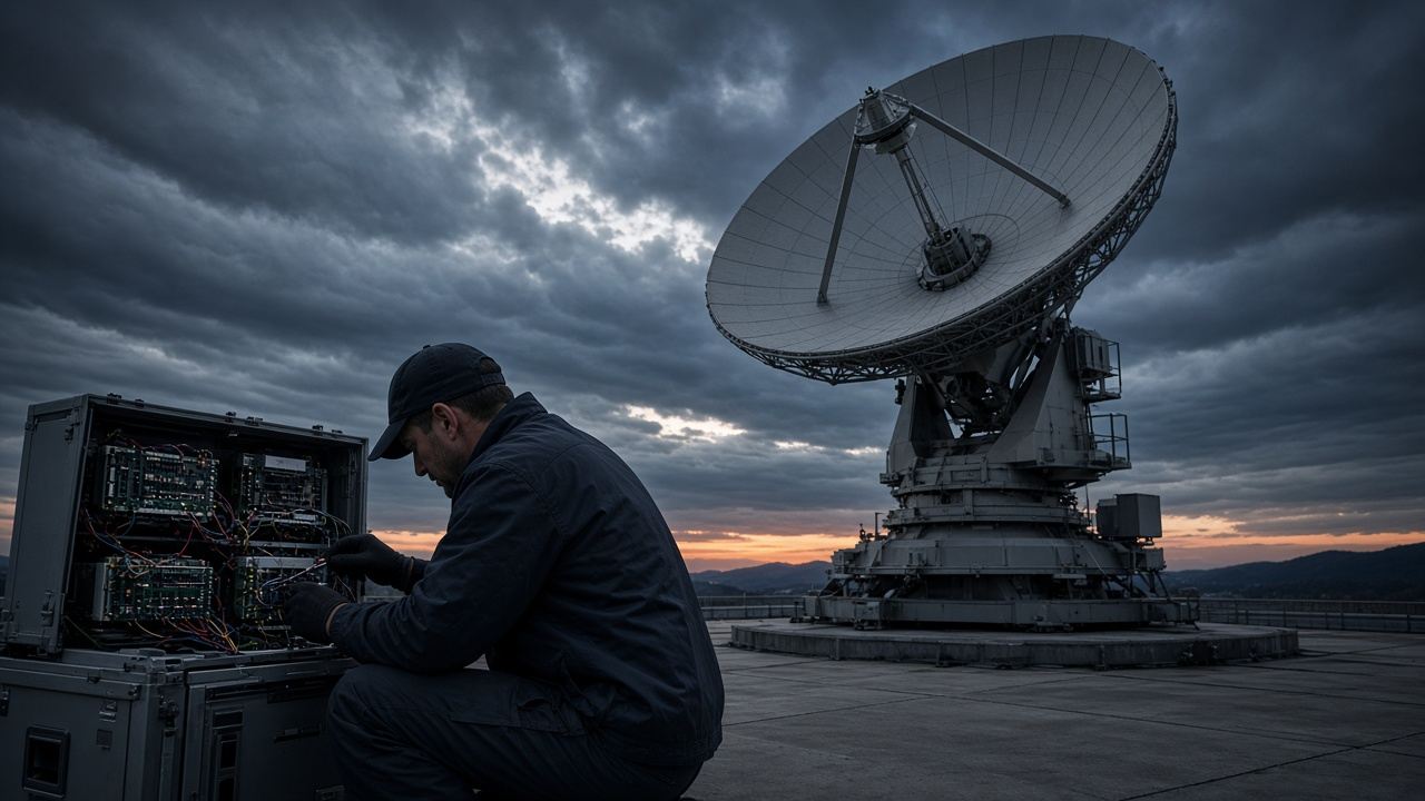 Radar au sol au crépuscule, un technicien inspecte l'électronique
