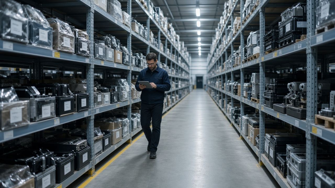 Spare parts warehouse aisle with sealed component bins