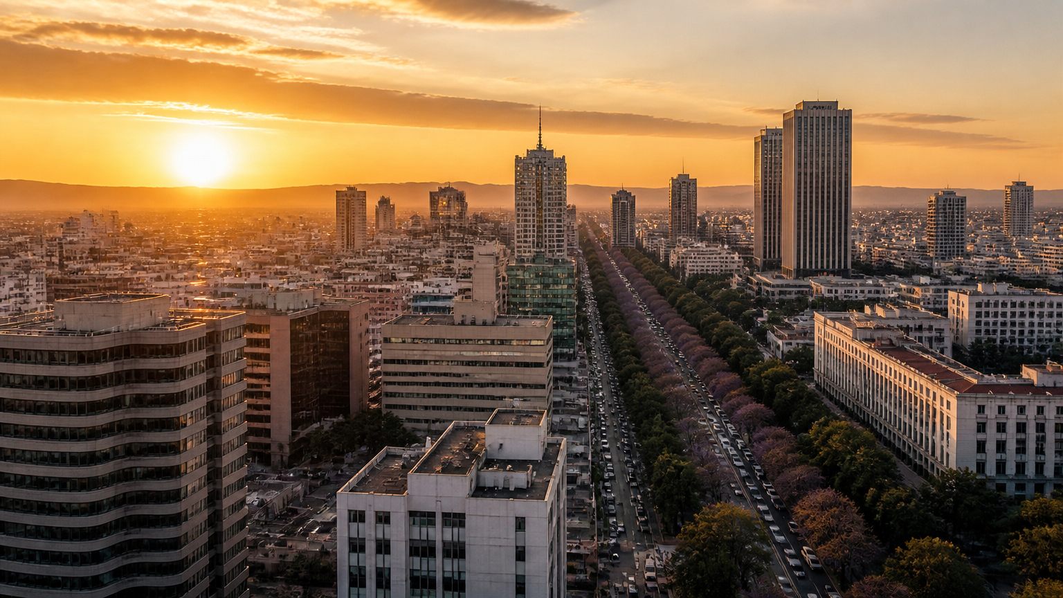 Skyline urbain au coucher du soleil