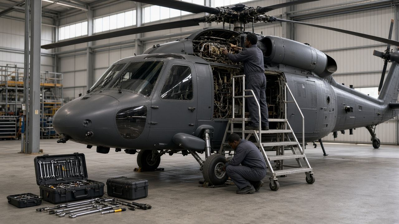 Technicians maintaining a helicopter inside a local hangar