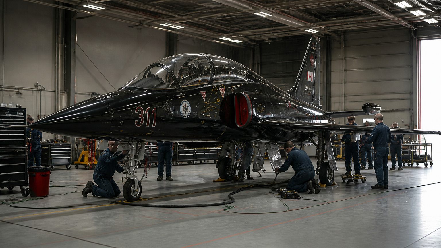Techniciens en maintenance d'un avion dans un hangar