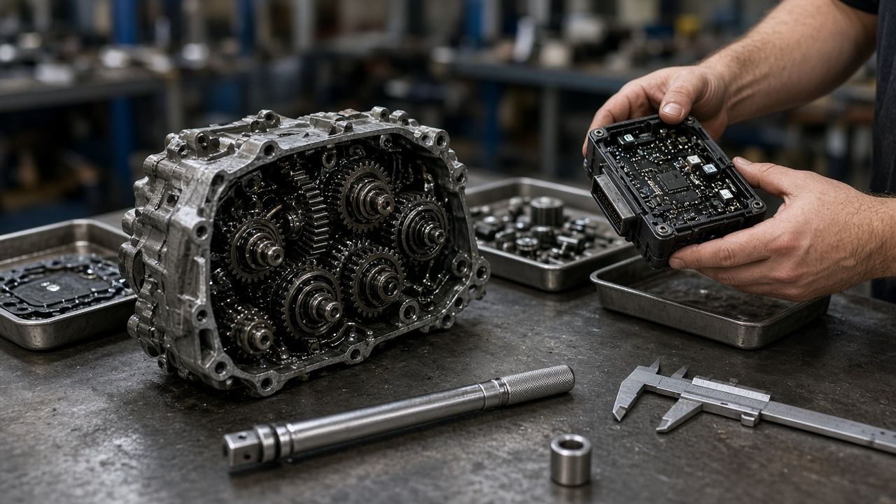 Disassembled mechanical assembly on a repair workbench