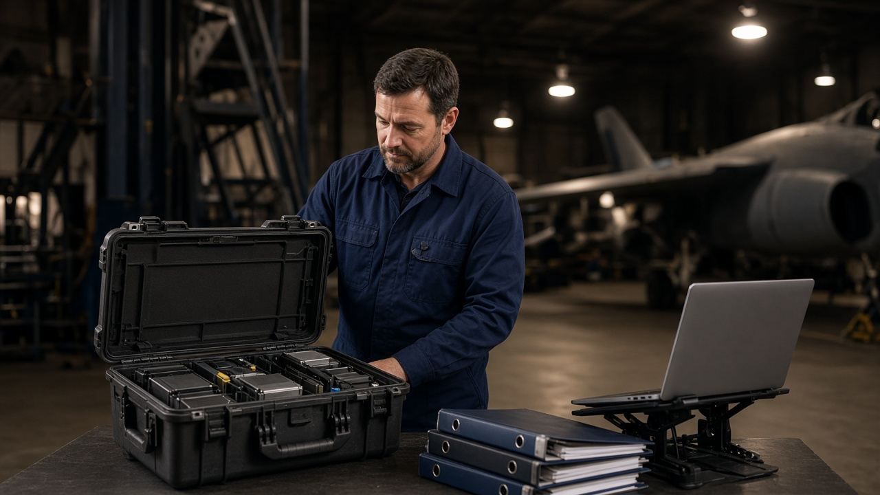 Engineer reviewing spare modules and technical documentation in a hangar